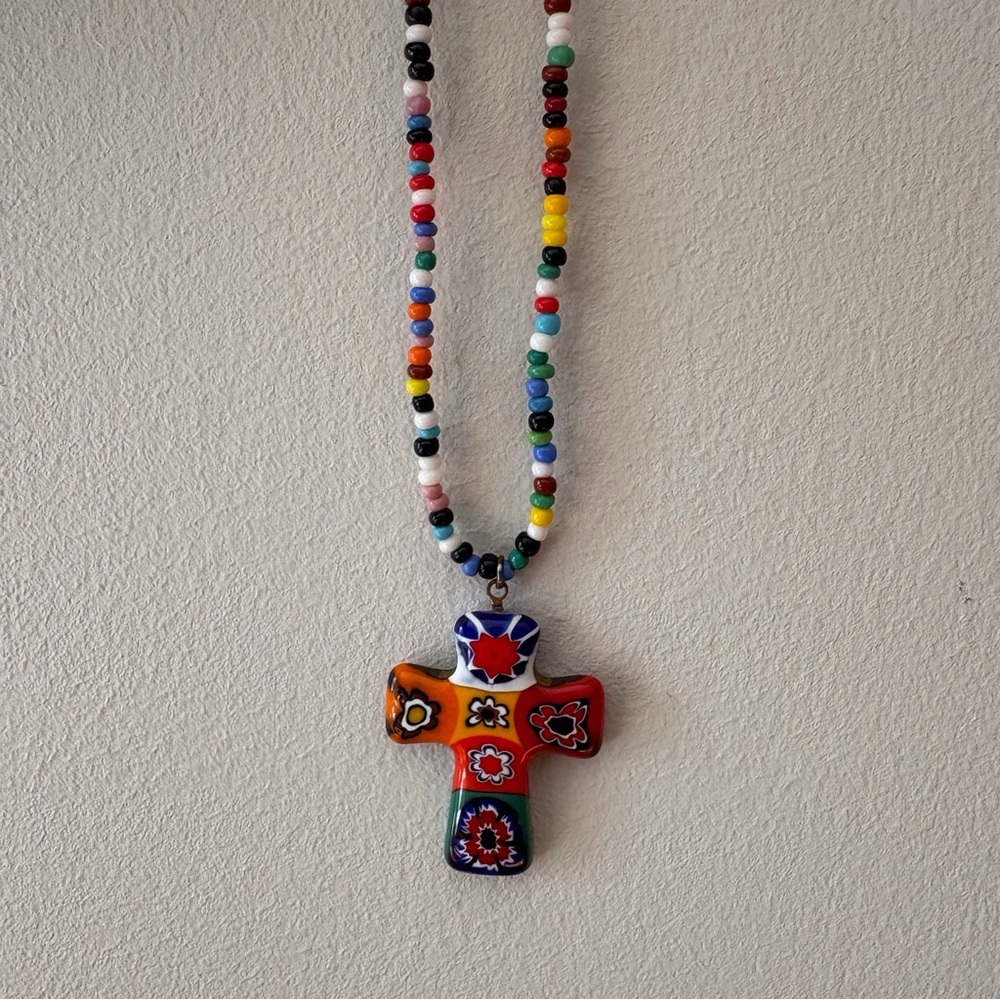 Millefiori Cross Necklace Multicoloured